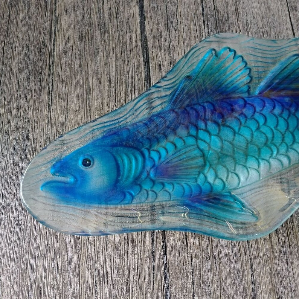 Blue Glass Fish Decorative Serving Dish, Coastal Centerpiece Platter, 18" Tray - Picture 2 of 9